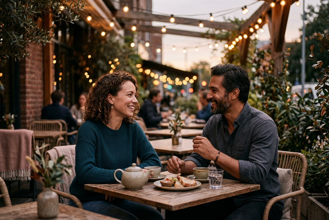 Two people on a casual first date at an outdoor cafe at dusk