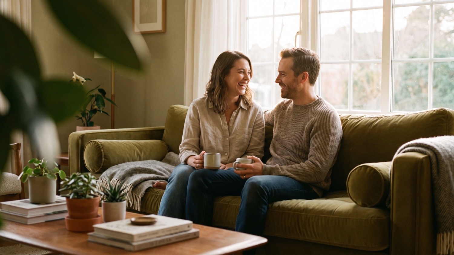 Two adults sitting close on a sofa in warm evening light, relaxed mid-conversation